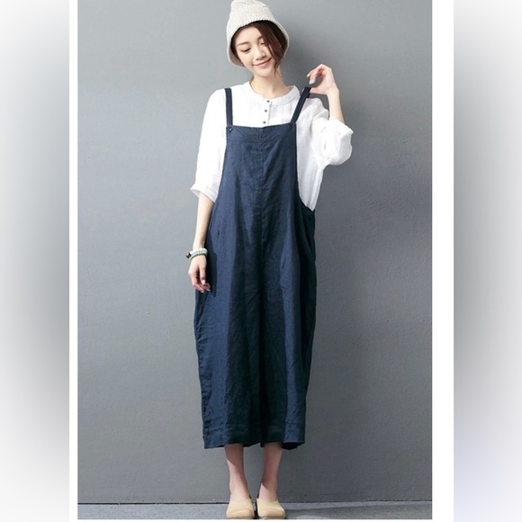 Fantasylinen Navy Linen Casual Loose Overalls Trousers Fashion Jumpsuit - Picture 4 of 5